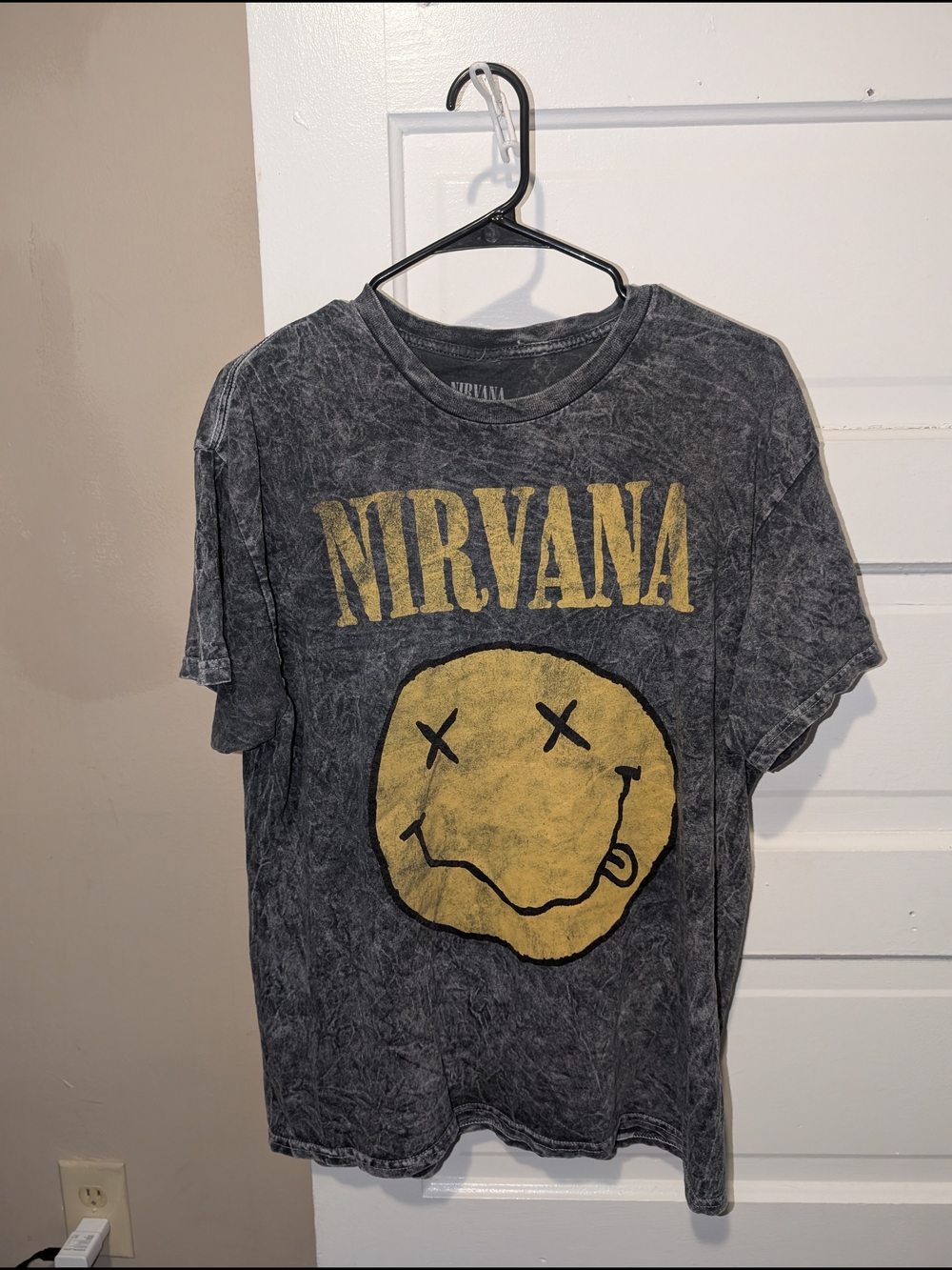 NIRVANA Black Mineral Wash Short-Sleeve Tee with Yellow Smiley
